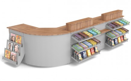 Tankstellen Kiosk Winkeltheke mit Süßwarenvorbau, Zeitschriftenablage, Sichtschutz 3685mm